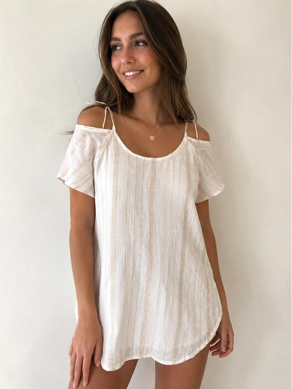 India Boutique White Gold Stripe Cold Shoulder Tunic Dress Free Size Rayon